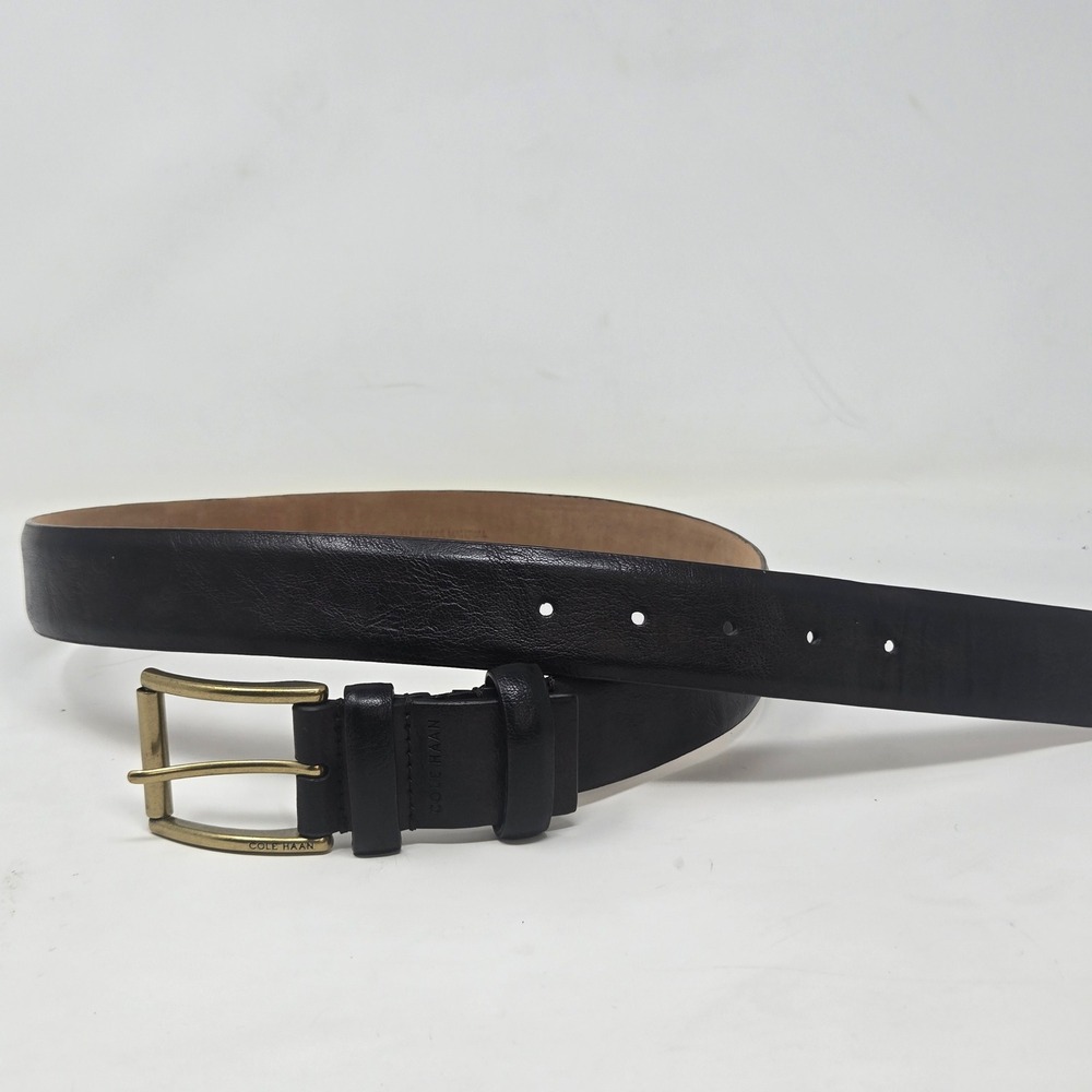 Cole Haan Mens Black Leather Belt Brass Buckle Size 34 CH0M31061